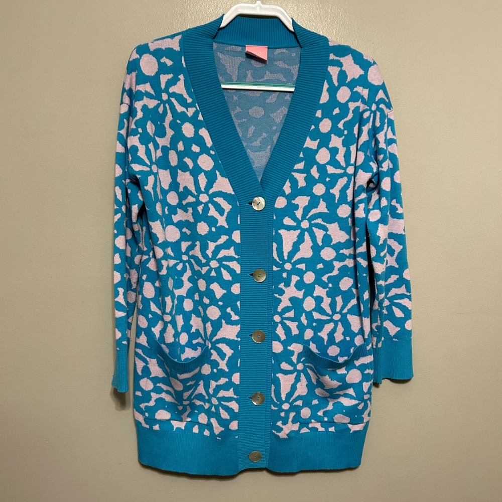 ban.do Cardigan Sweater Womens S/M Teal Pink Floral Intarsia V-Neck Cashmere Art